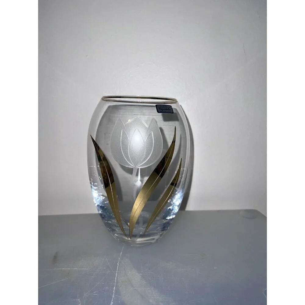BOHEMIA Hand Made Tulip Crystalex Glass Vase with Gold Trim